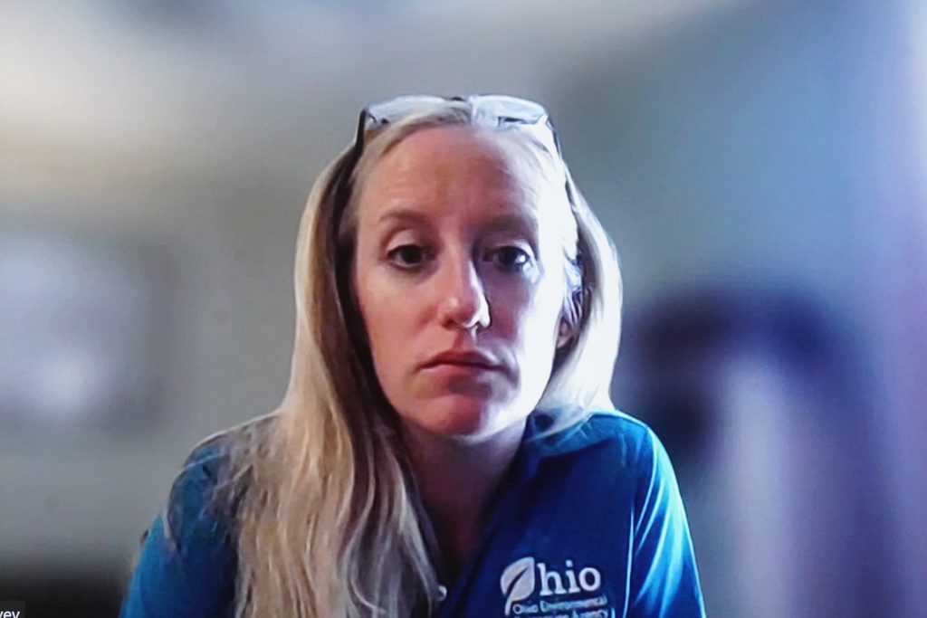 Woman with blue jacket and glasses.