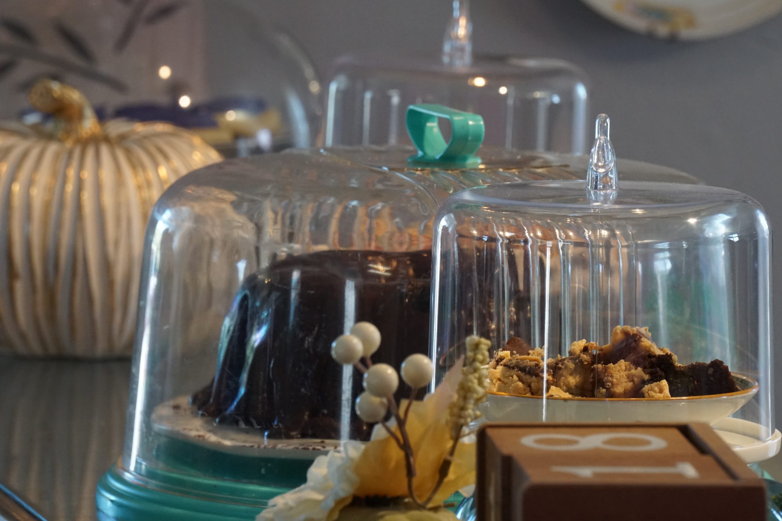Chocolate cake in a glass display.