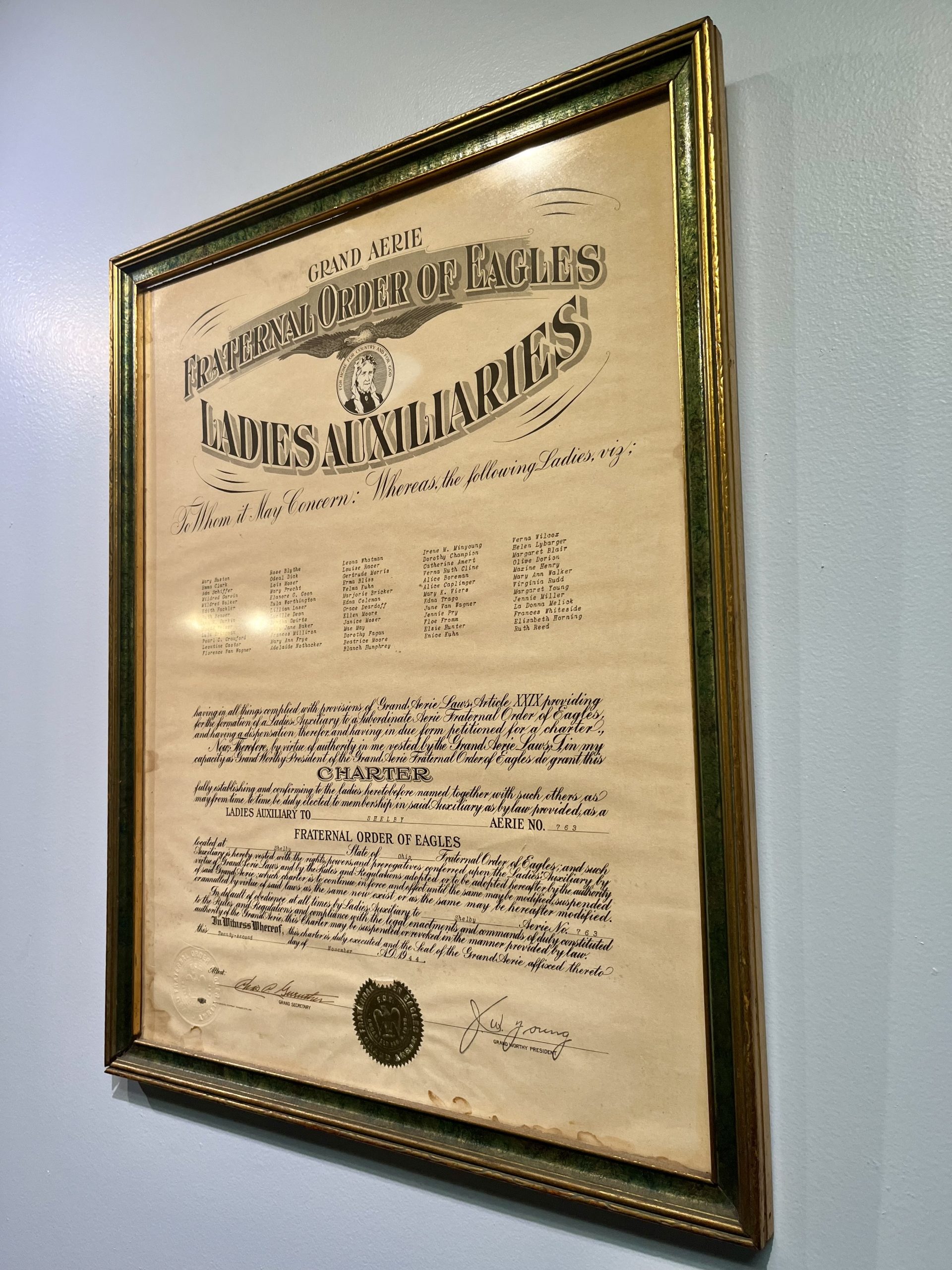 Historic document hangs on the Shelby Eagles wall.